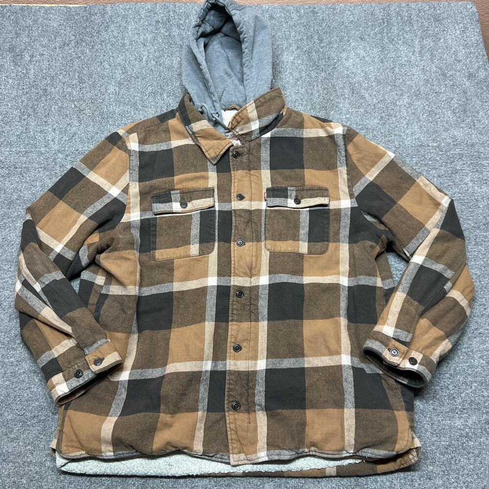 Levi's Jacket Mens 2XL Brown Plaid Flannel Sherpa Lined Hooded Shirt Parka